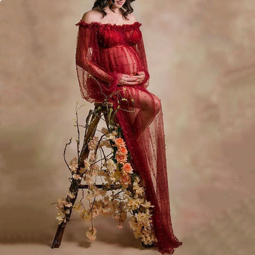 Mqtime Beading Pearls Tulle Maternity Photography Dress See Through Tulle Pearls Maternity Maxi Gown For Photo Shoot Free Size